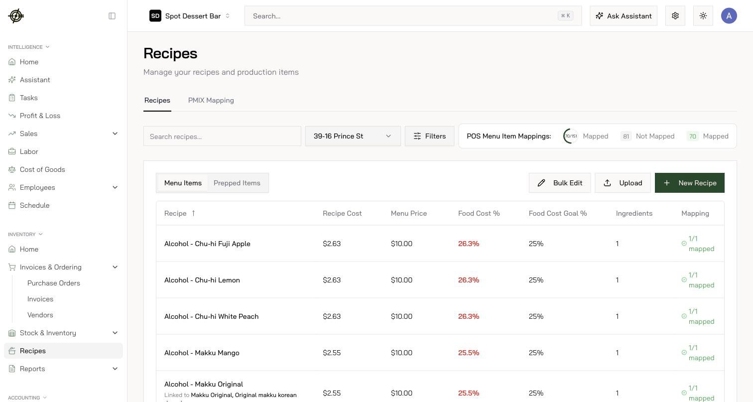 Recipes with cost, price, and mapping status