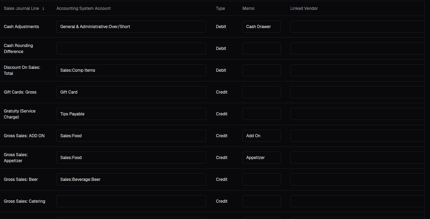 Sales Mapping page where each sales journal line is mapped to an account