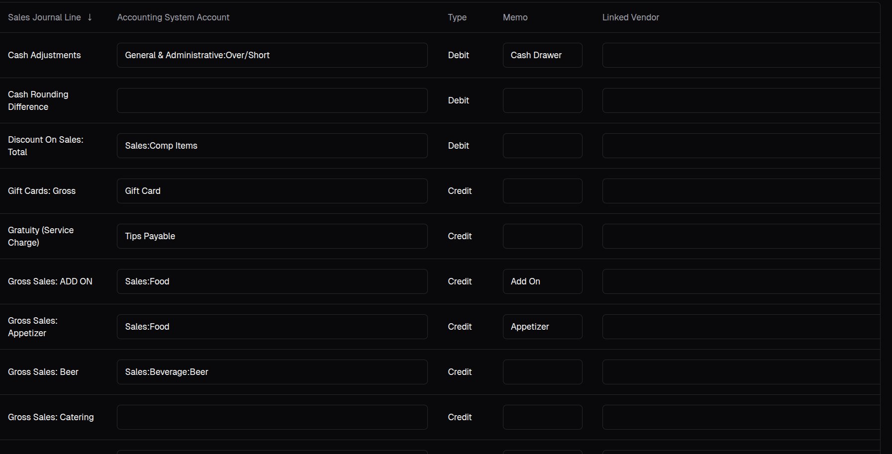 Sales Mapping page where each sales journal line is mapped to an account