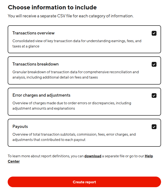 DoorDash financial report options with Payouts and Transactions breakdown selected