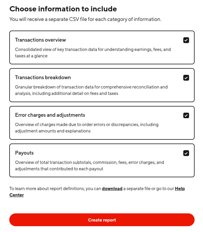 DoorDash financial report options with Payouts and Transactions breakdown selected
