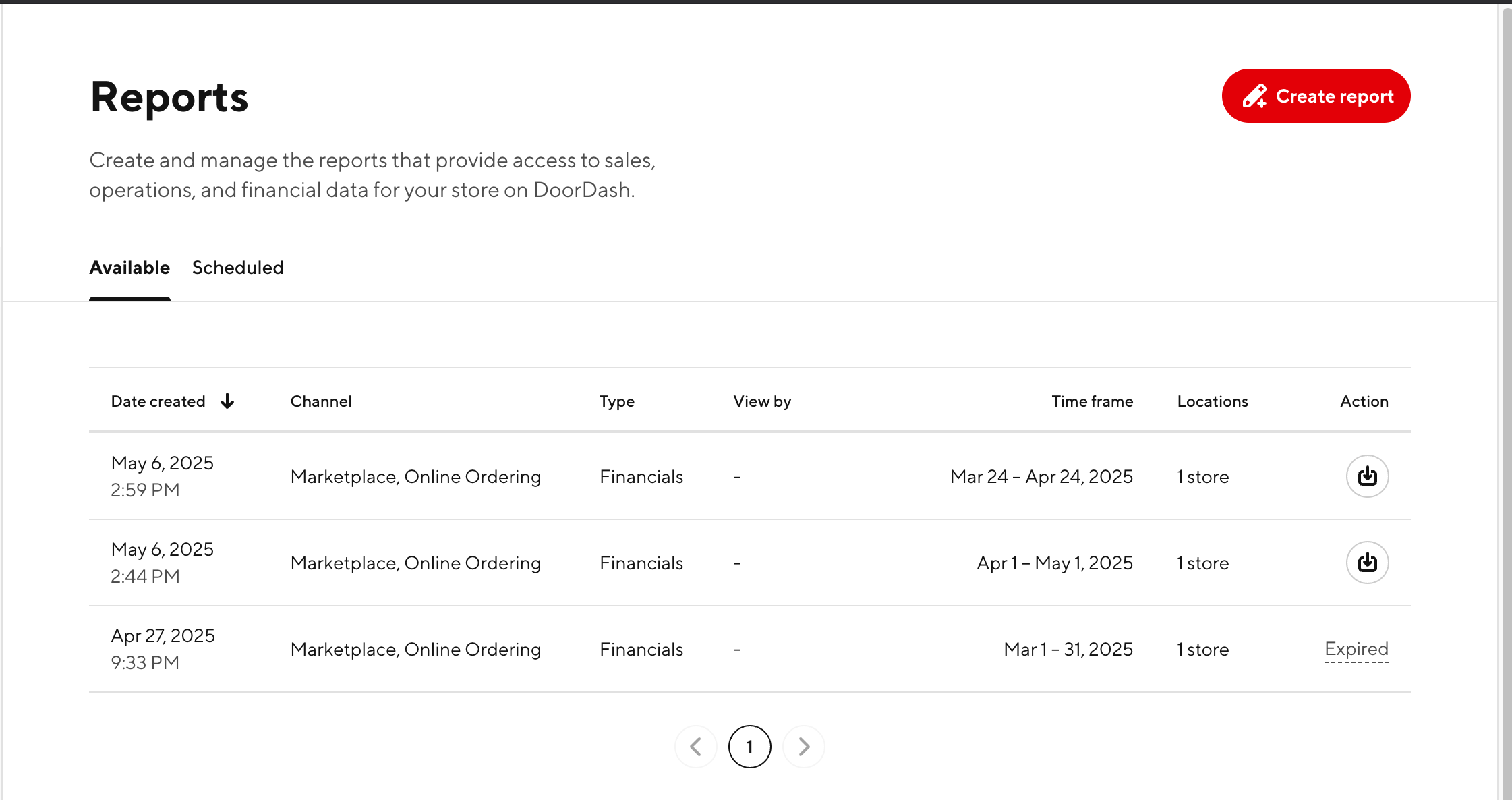 DoorDash reports list showing the generated financial report