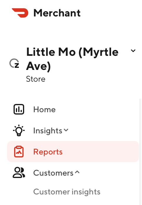 DoorDash merchant portal with the Reports menu highlighted