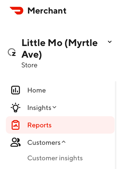DoorDash merchant portal with the Reports menu highlighted