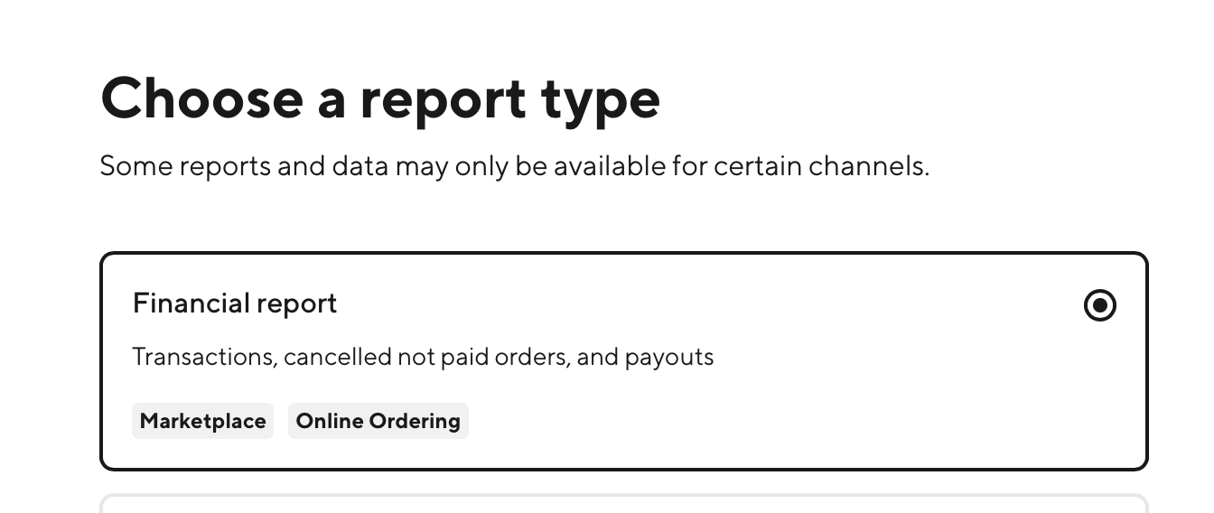 DoorDash report type selection with Financial Report chosen