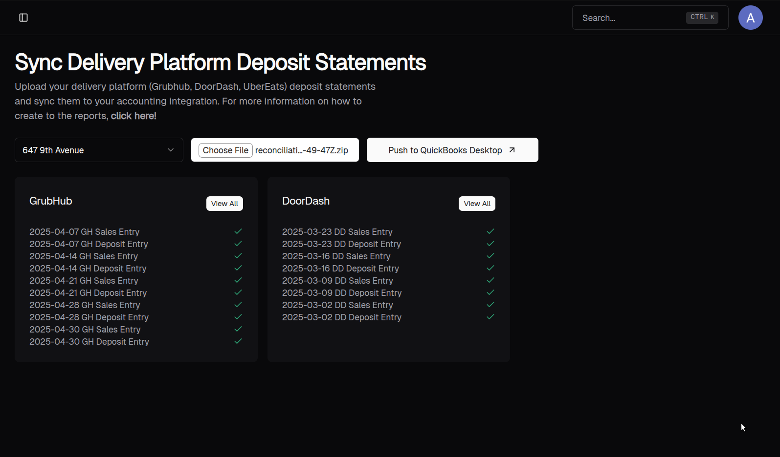 Delivery deposits page with balanced entries and the Push to QuickBooks Desktop button