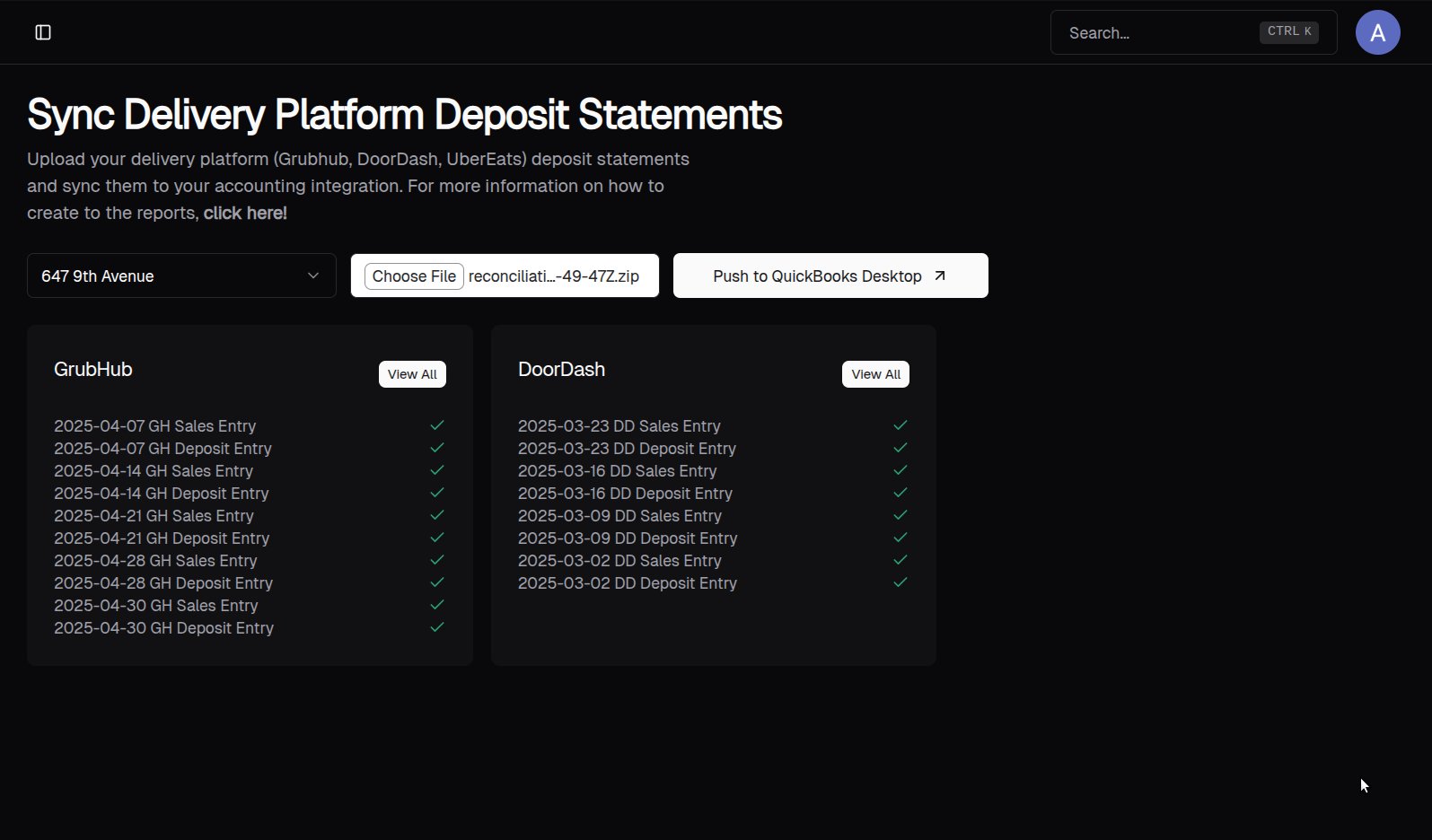 Delivery deposits page with balanced entries and the Push to QuickBooks Desktop button