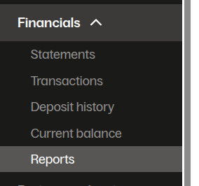 Grubhub merchant menu with Financials > Reports selected