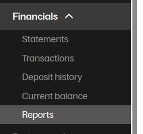 Grubhub merchant menu with Financials > Reports selected