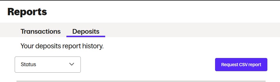 Grubhub Deposits tab with the Request CSV report button