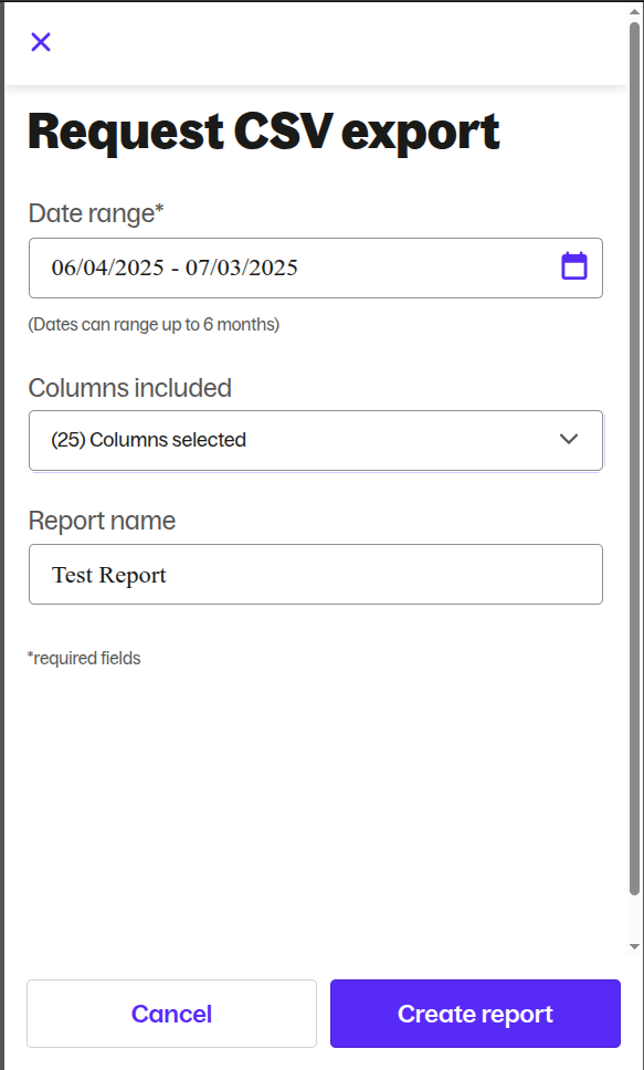 Grubhub create report dialog with a date range and report name filled in