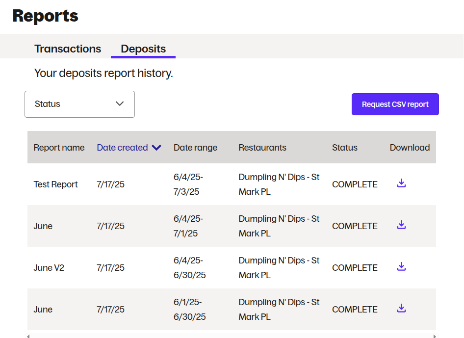 Grubhub reports dashboard showing the generated deposits report
