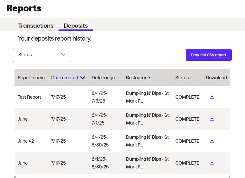 Grubhub reports dashboard showing the generated deposits report