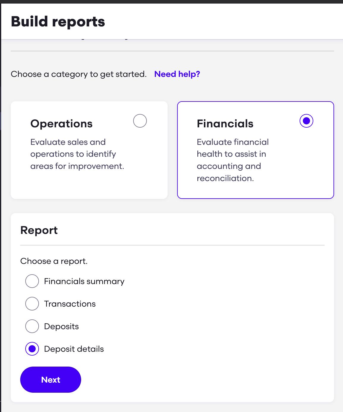 Grubhub report builder settings