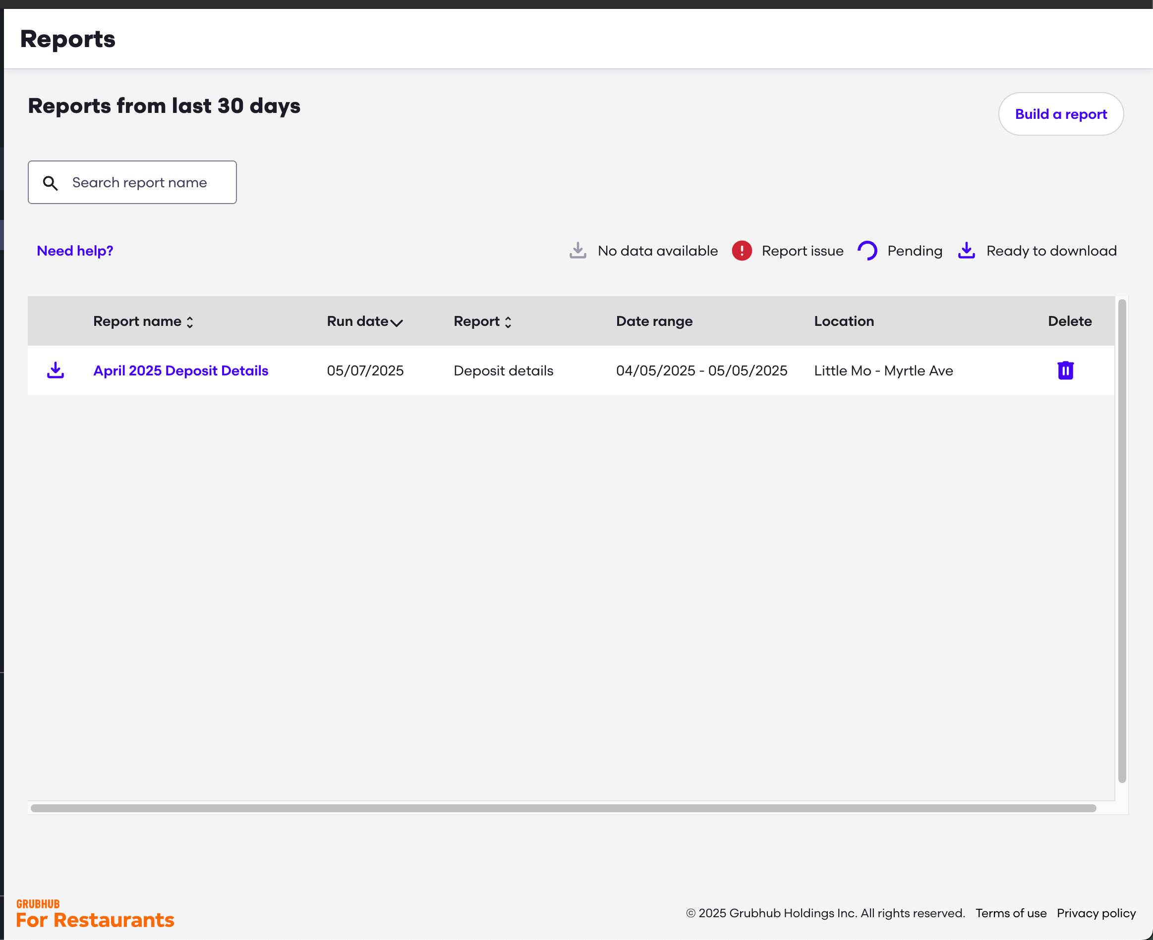 Grubhub reports dashboard with the requested report listed
