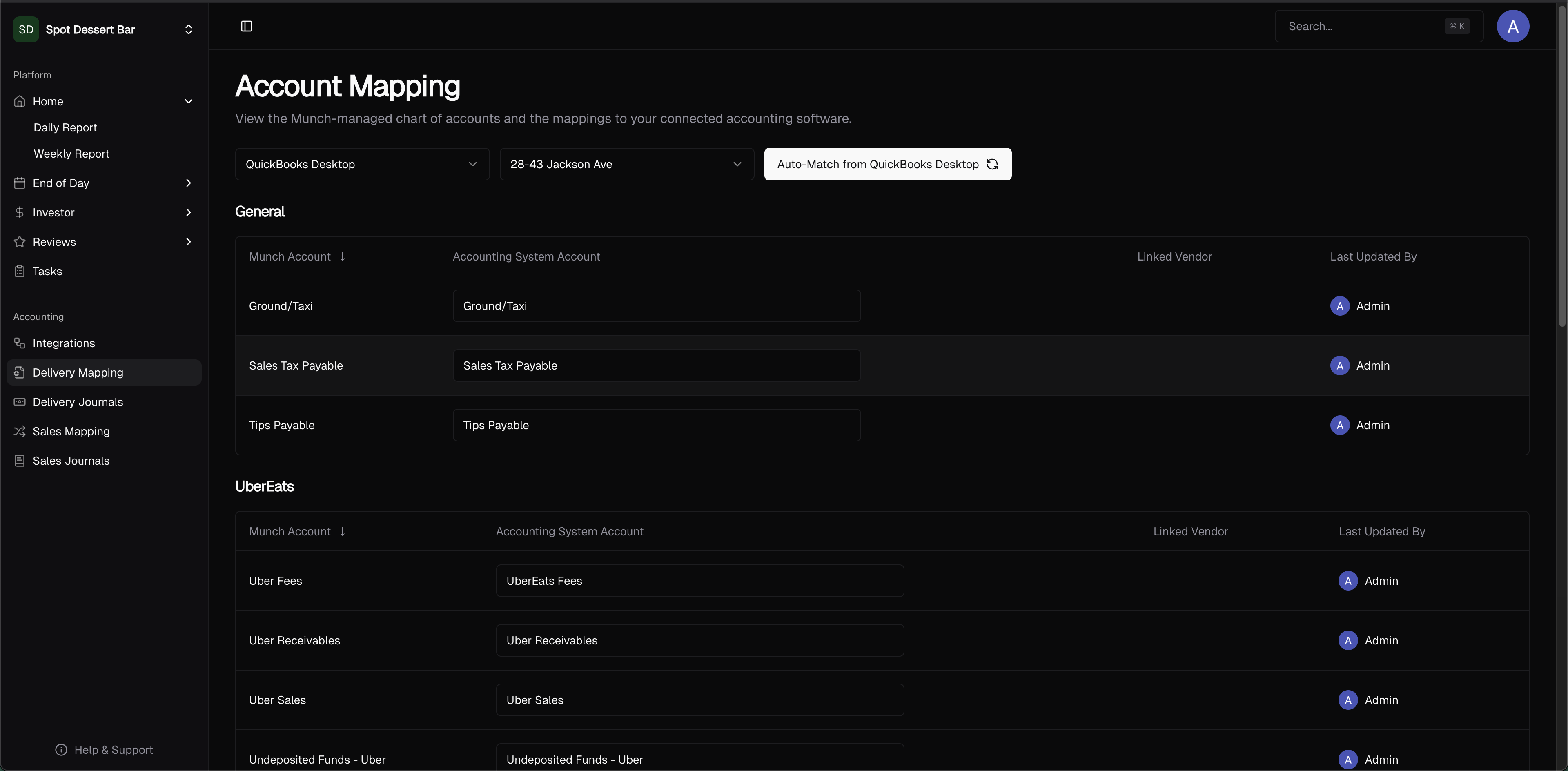 Delivery mapping page where each journal line is matched to an accounting system account