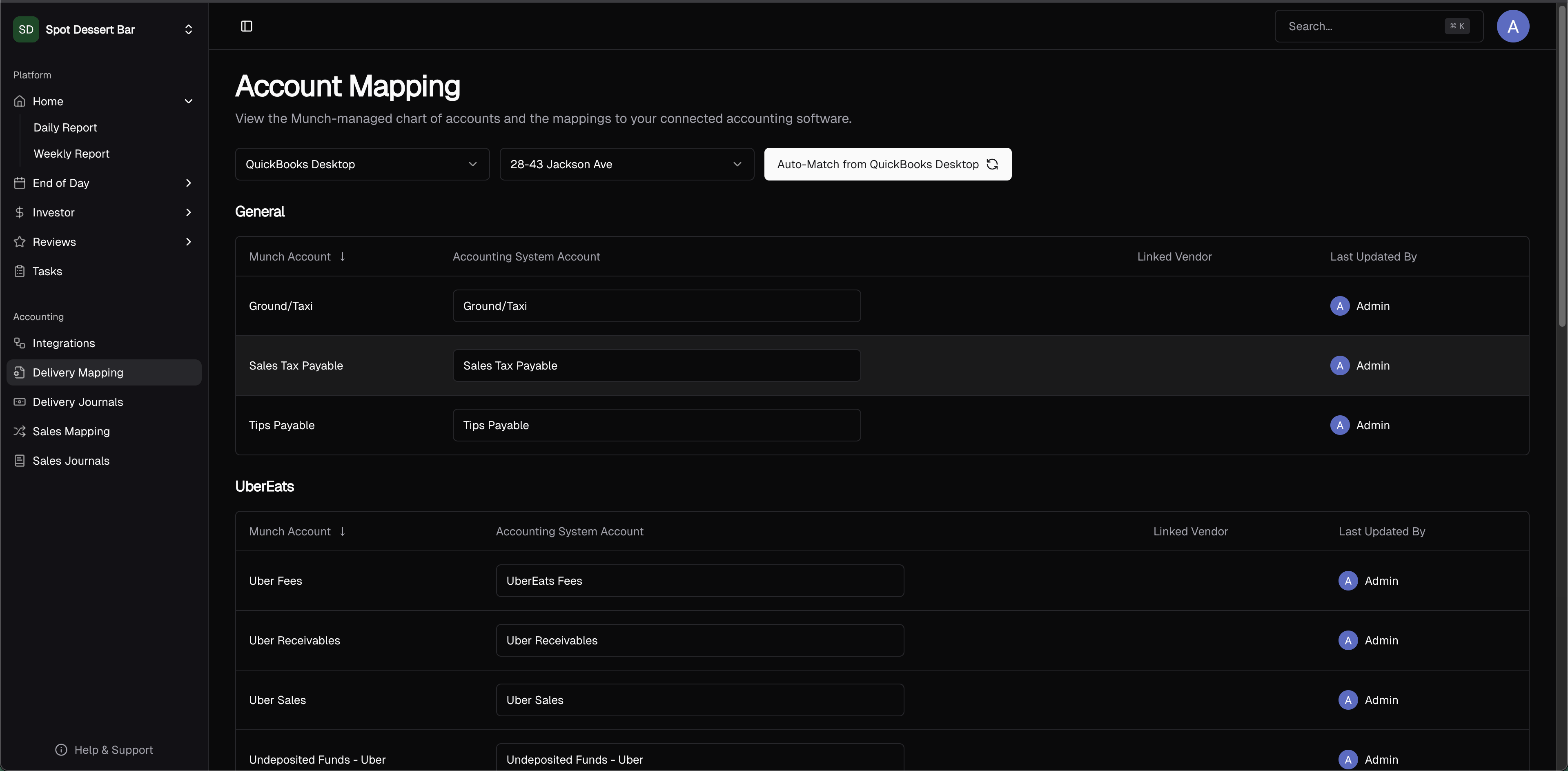 Delivery mapping page where each journal line is matched to an accounting system account