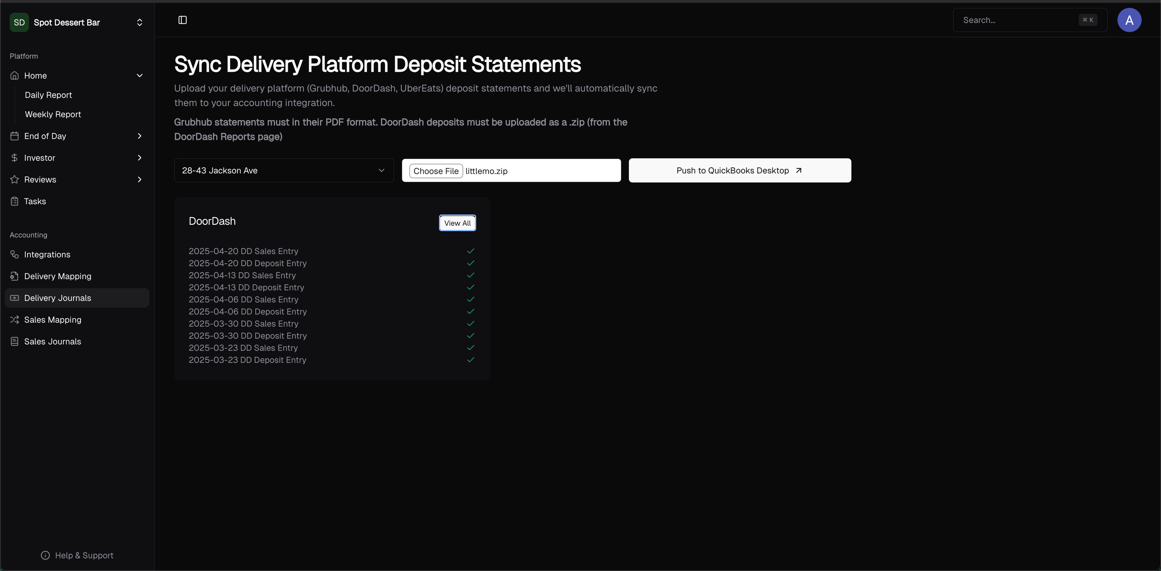 Delivery deposits upload screen showing balanced journal entries ready to push