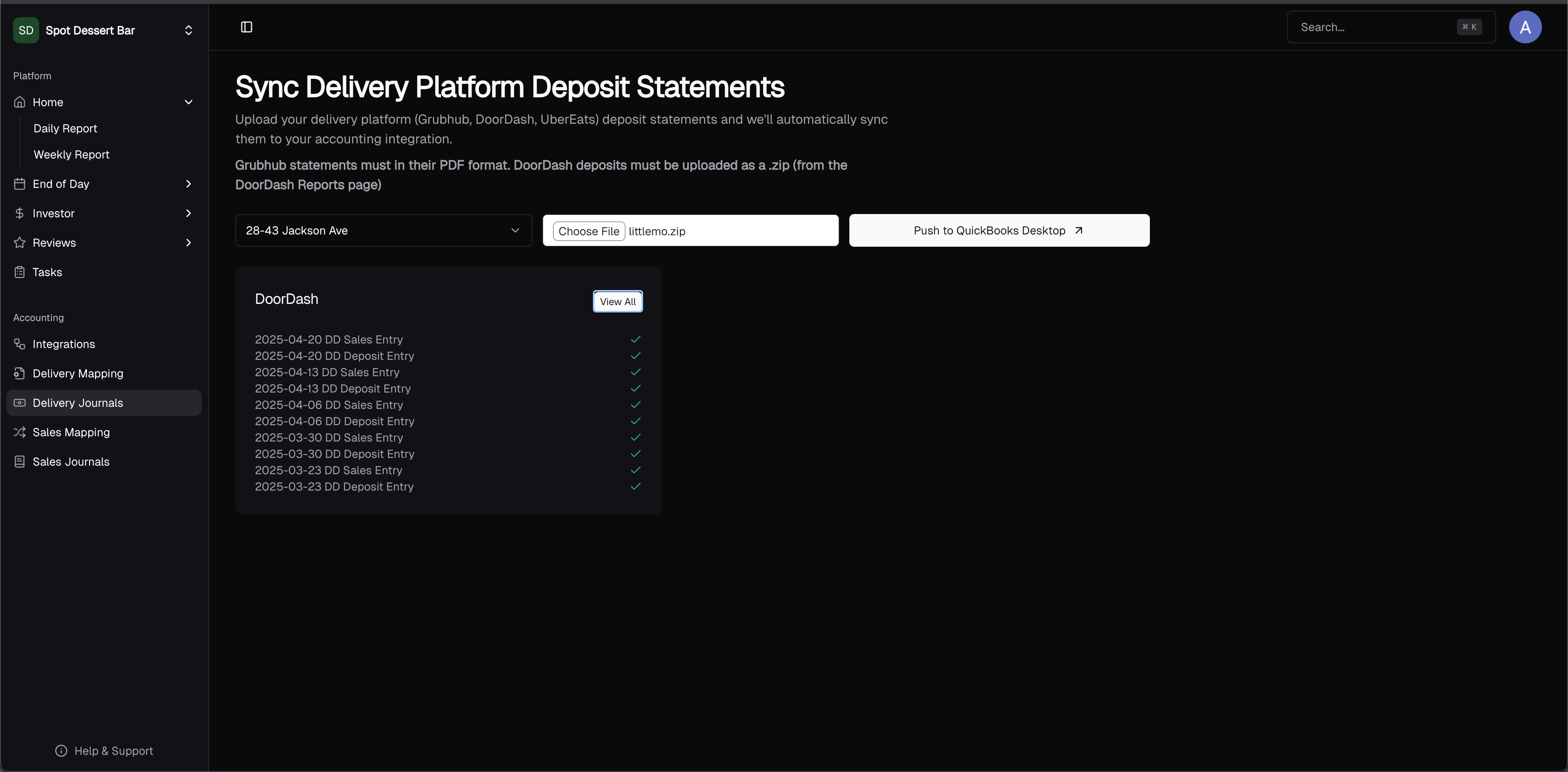 Delivery deposits upload screen showing balanced journal entries ready to push