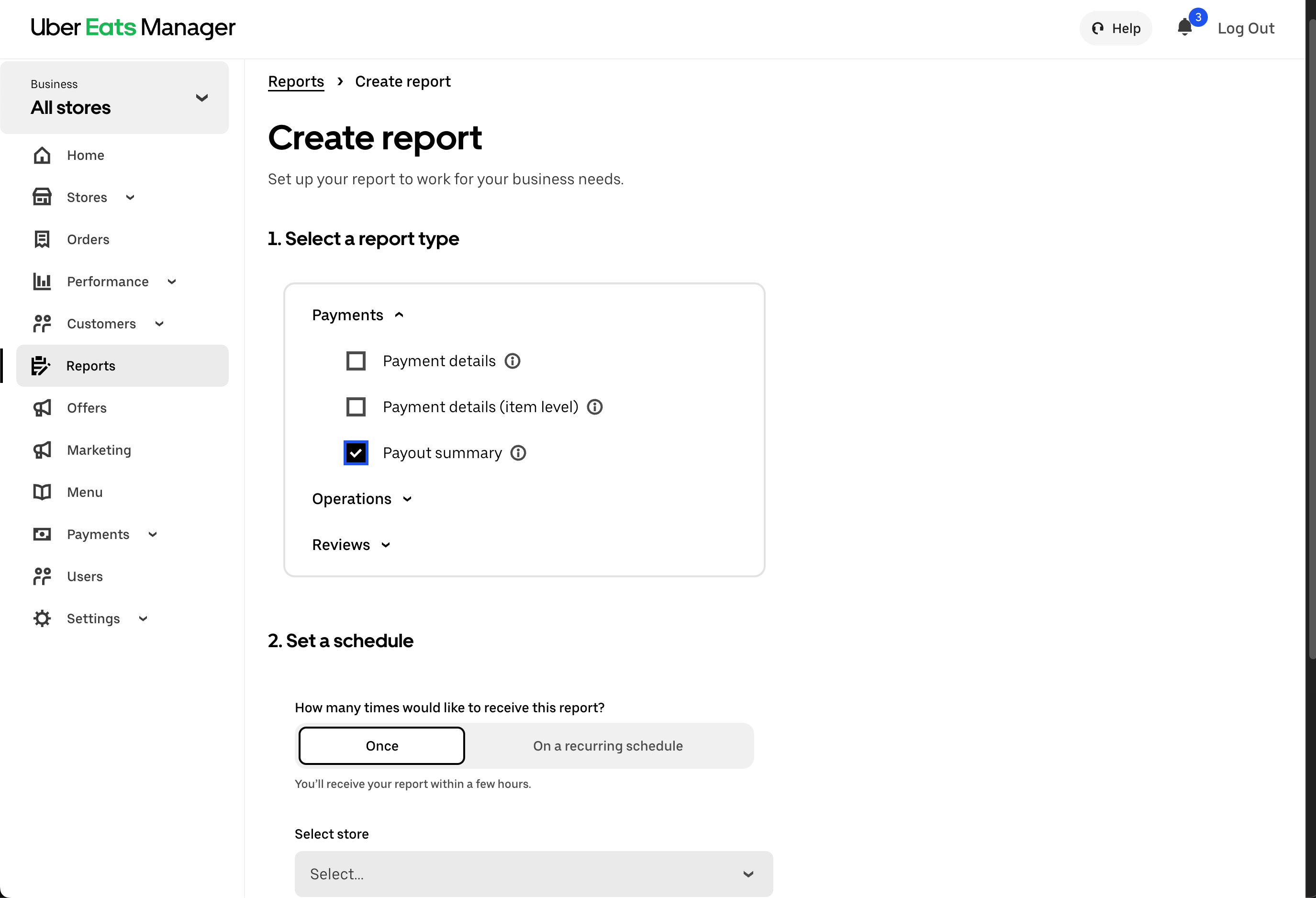 Uber Eats Reports menu with Payout Summary selected
