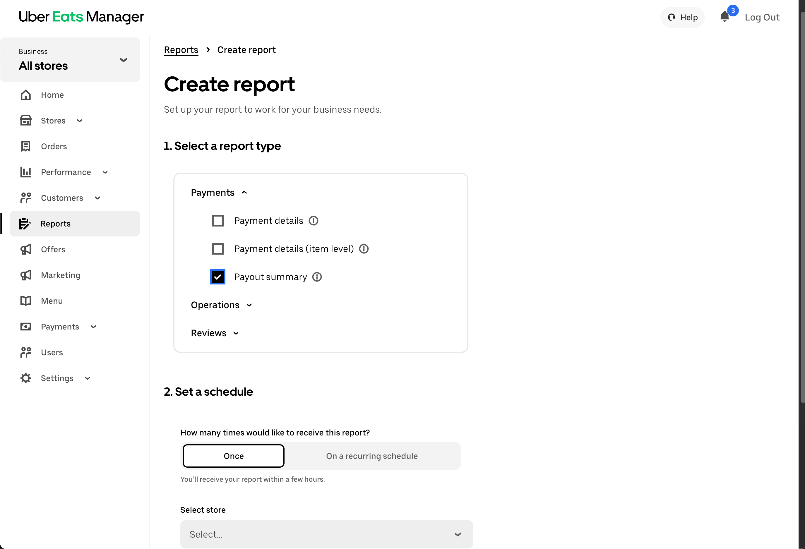 Uber Eats Reports menu with Payout Summary selected