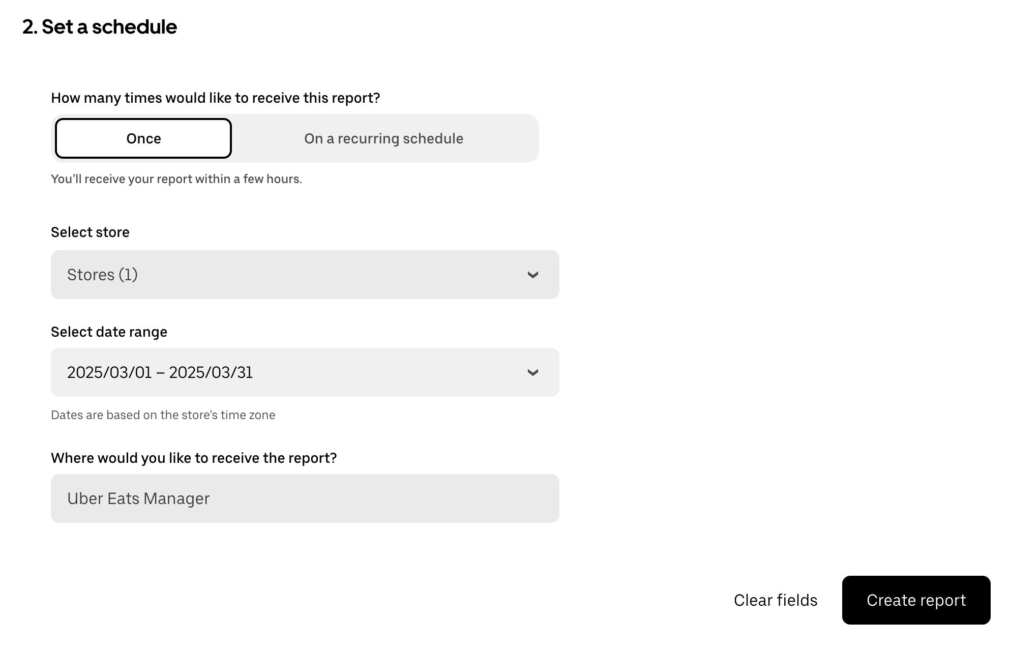 Uber Eats payout summary report configuration with locations and date range set