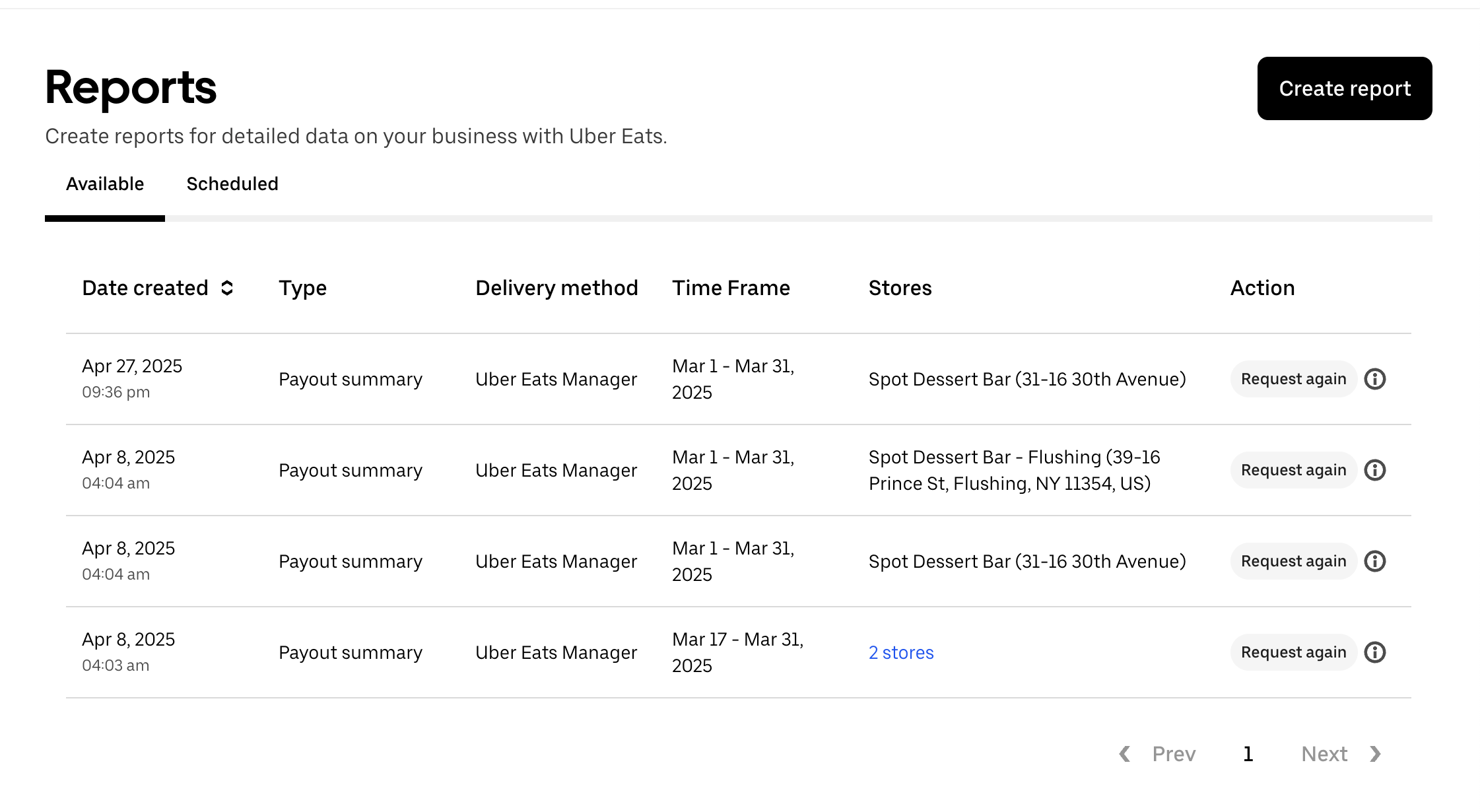 Uber Eats reports list showing the generated payout summary