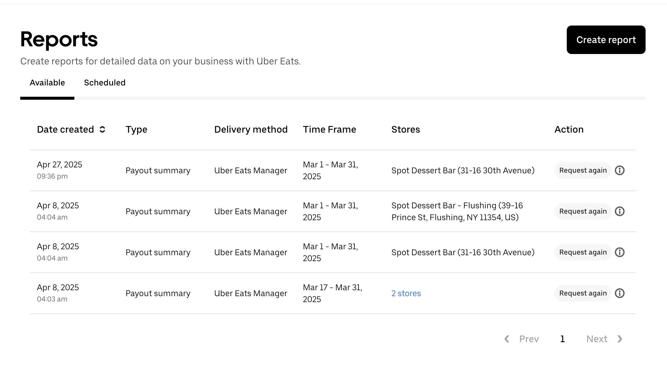 Uber Eats reports list showing the generated payout summary