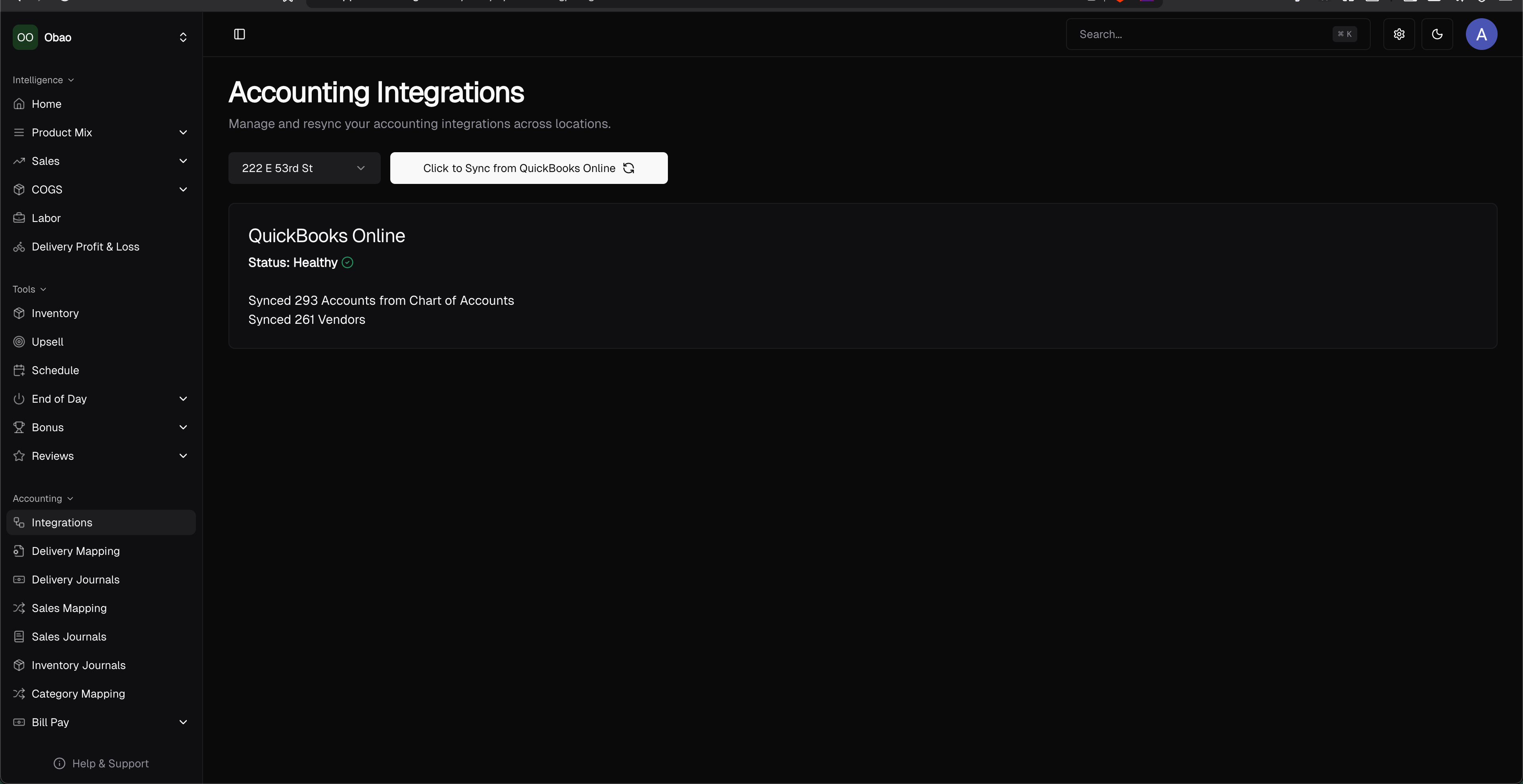 Integrations page with the Click to Sync from QuickBooks Online button