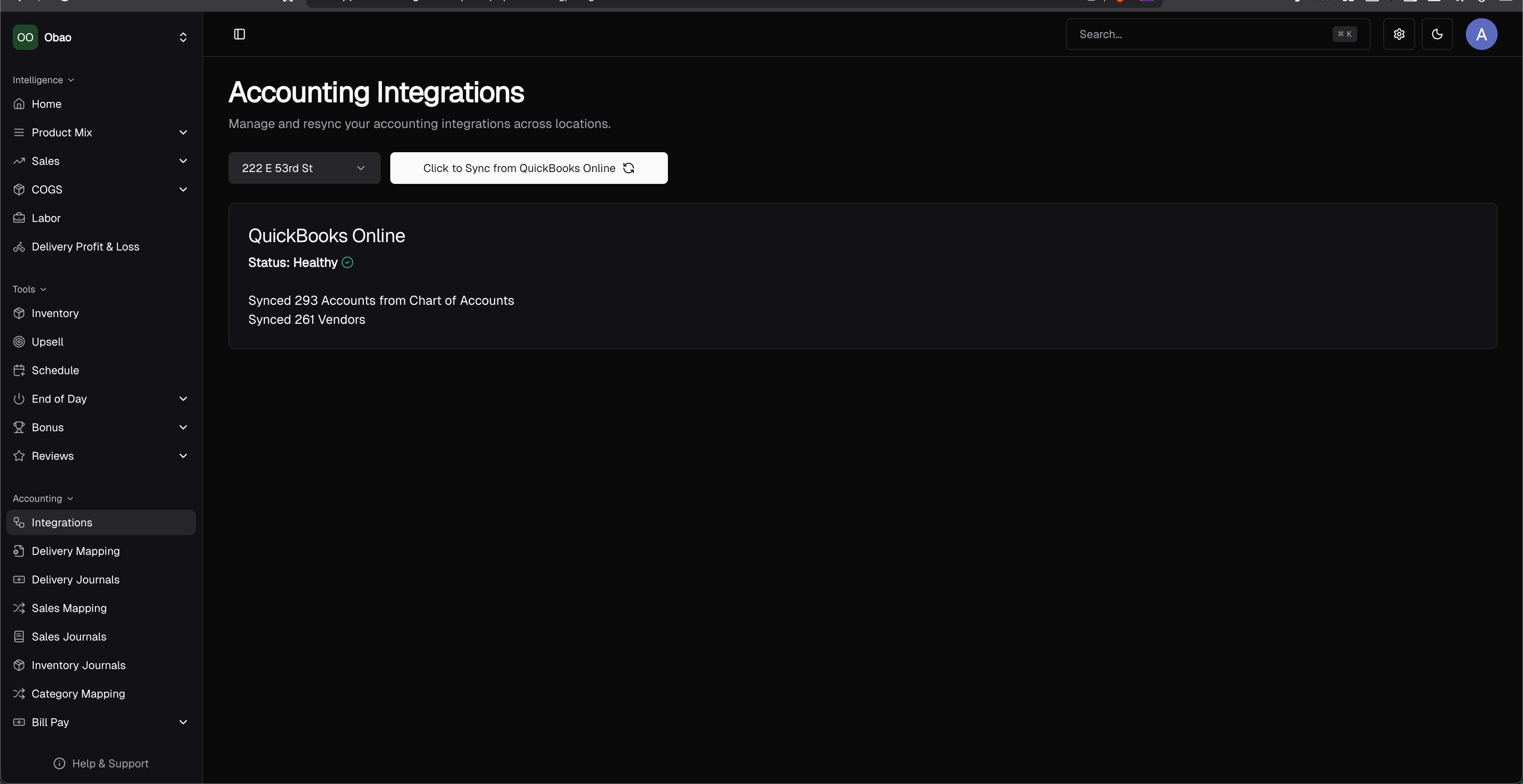 Integrations page with the Click to Sync from QuickBooks Online button