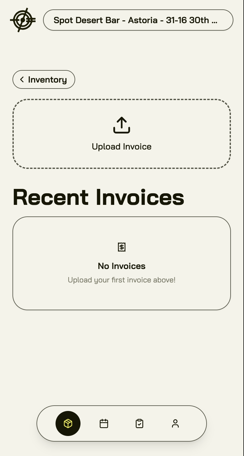 Invoice Upload: photograph the delivery, recent invoices below