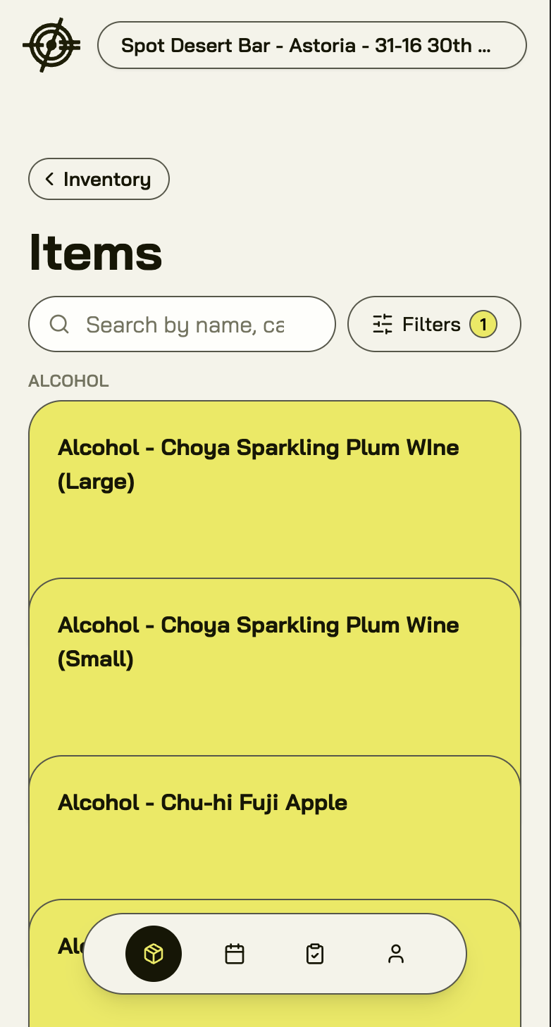 Items: browse and search your stock by category