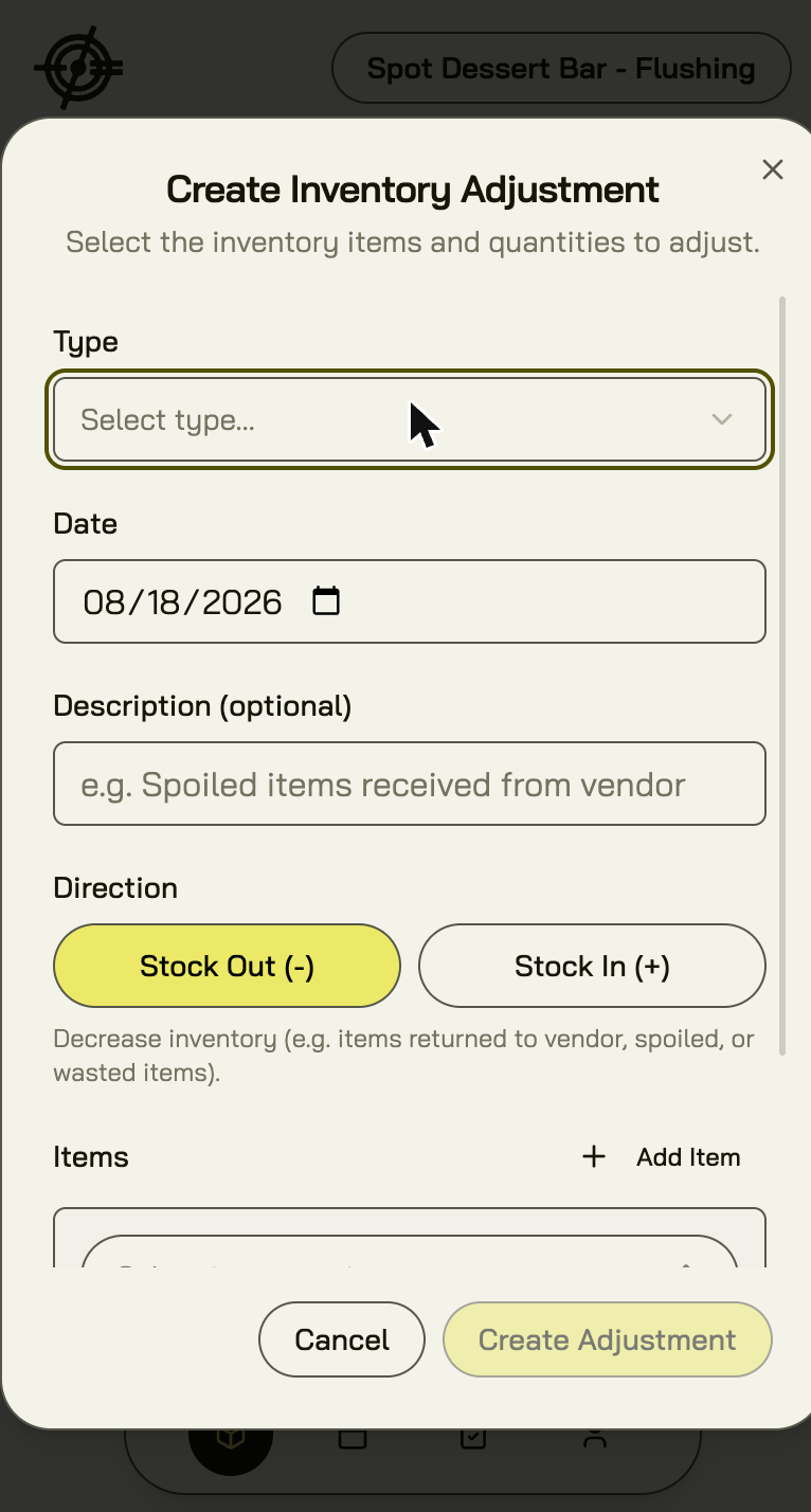 Creating an inventory adjustment: type, direction, items