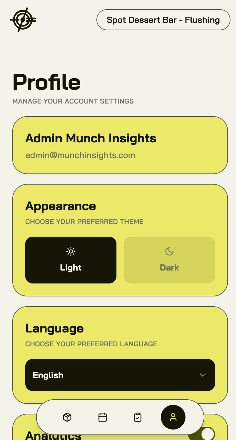 Profile: theme, language, and analytics