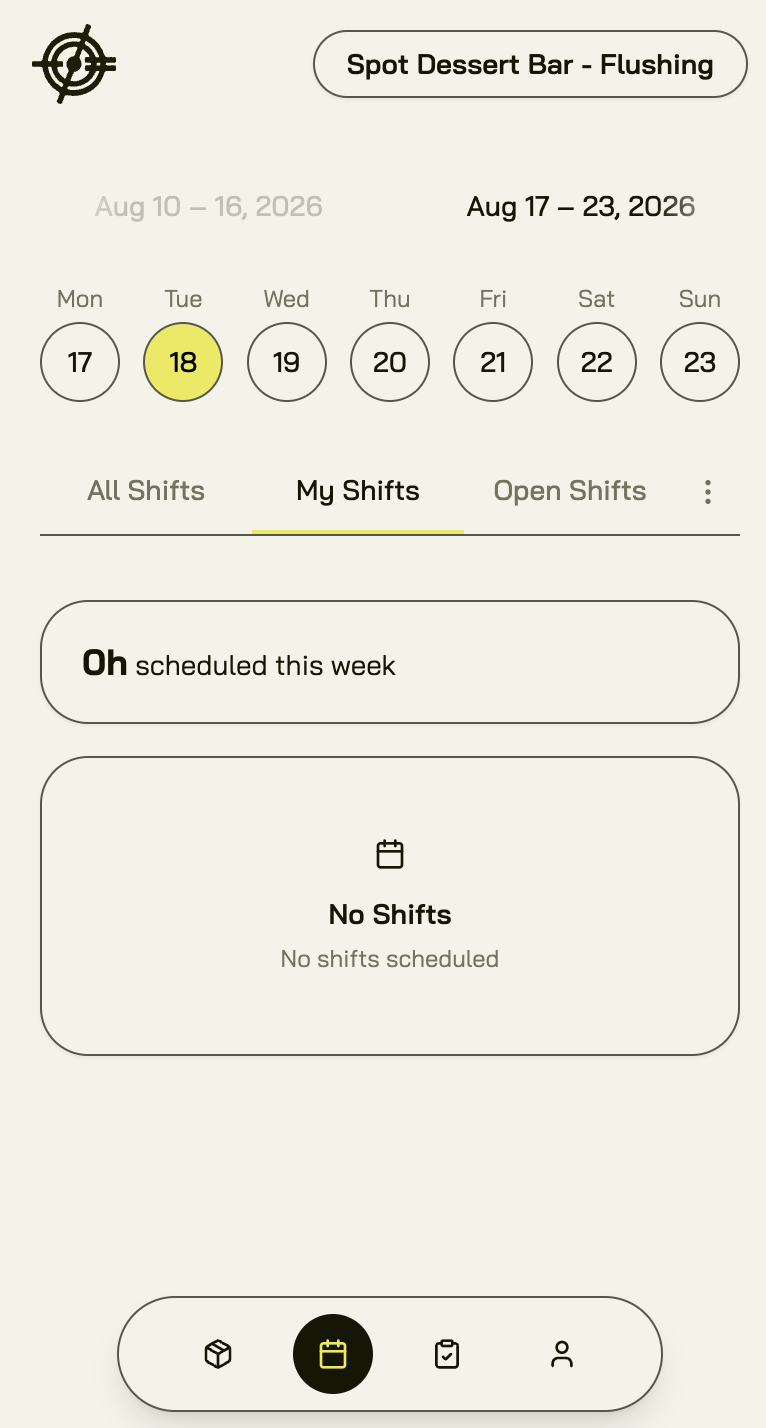 The Schedule tab: your week, with All / My / Open Shifts