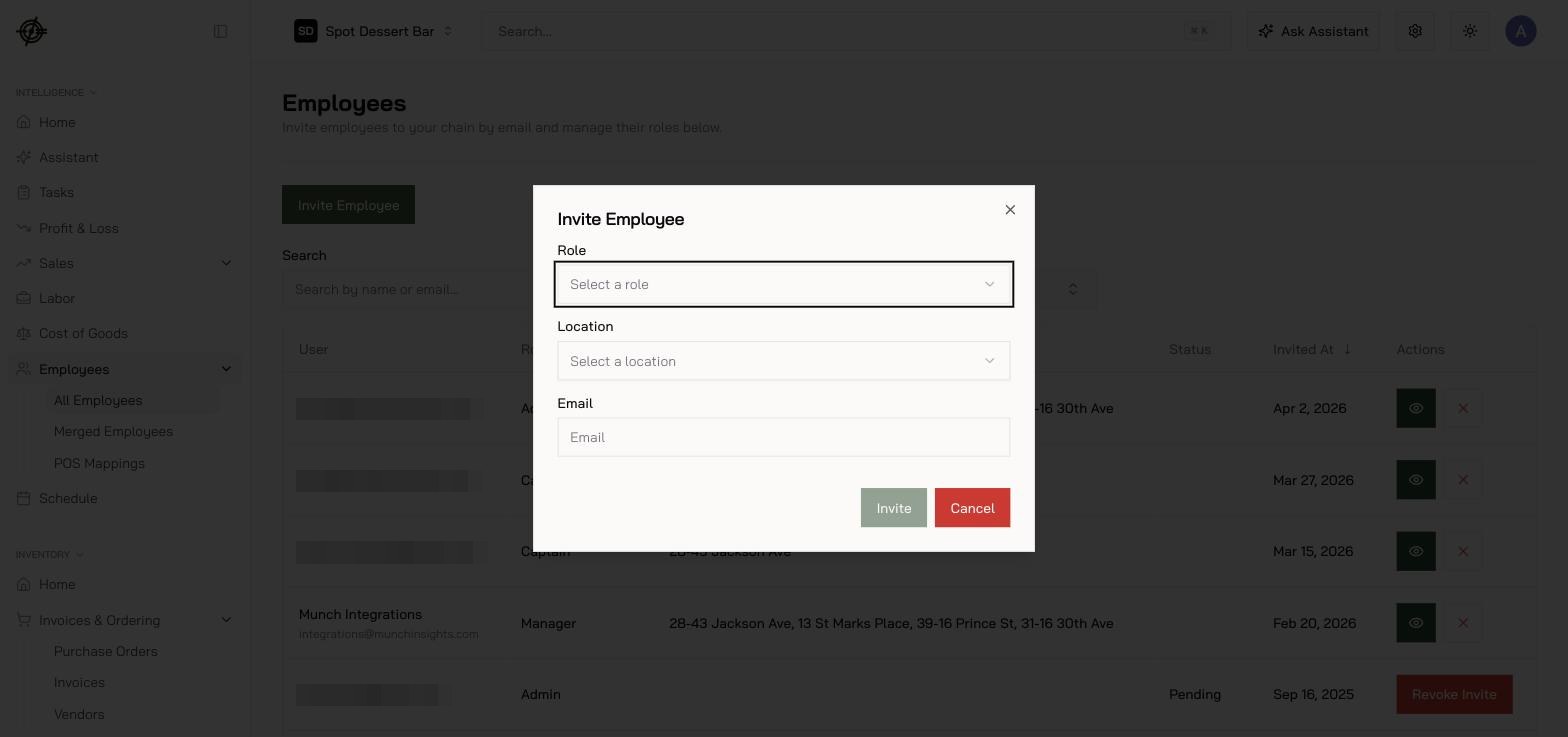 Inviting an employee: role, location, email