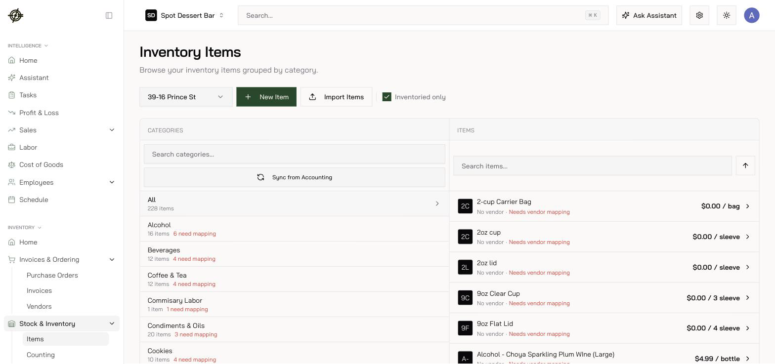 Inventory Items: categories on the left, items with vendor and price on the right