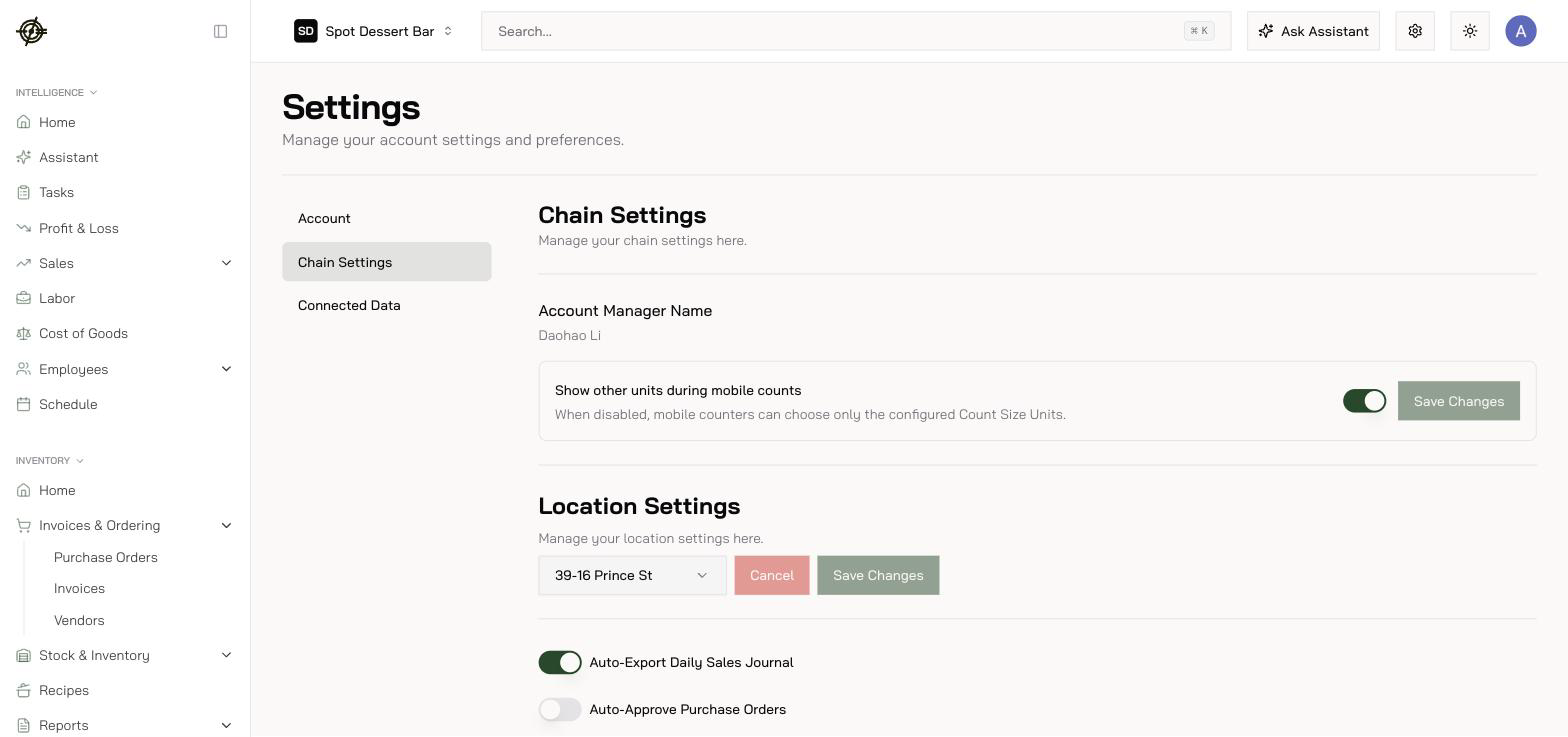 Settings: account, chain settings, connected data, members, and employee mappings