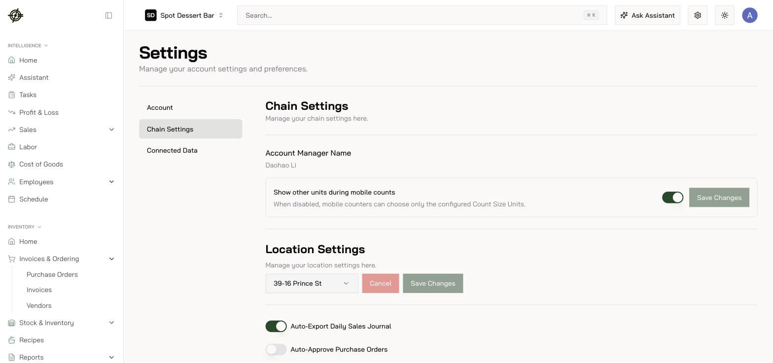 Settings: account, chain settings, connected data, members, and employee mappings