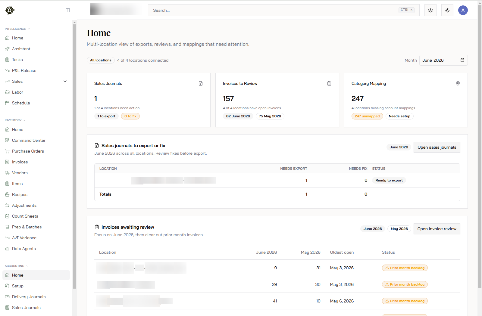 Accounting Home with per-location statuses