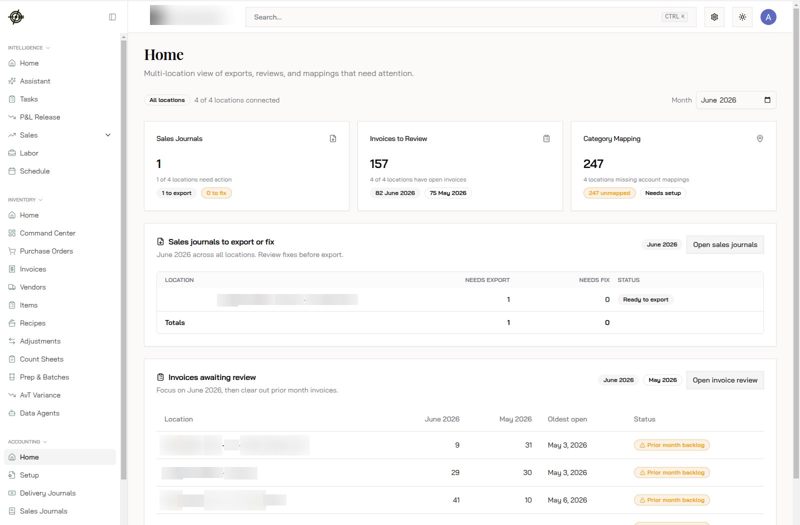 Accounting Home with per-location statuses