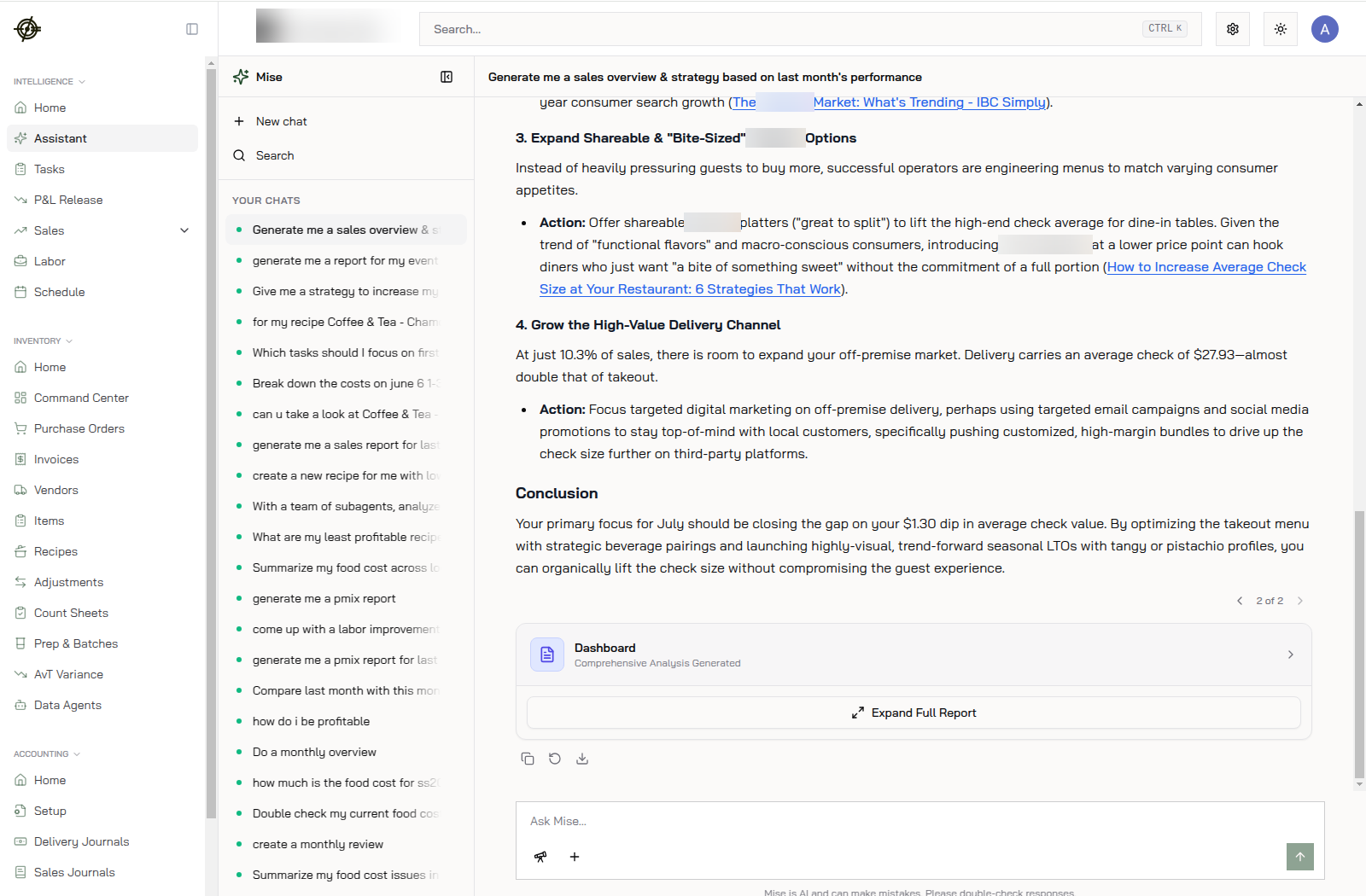 Mise answering "Generate me a sales overview & strategy": specific numbers, actions, and a full report to expand