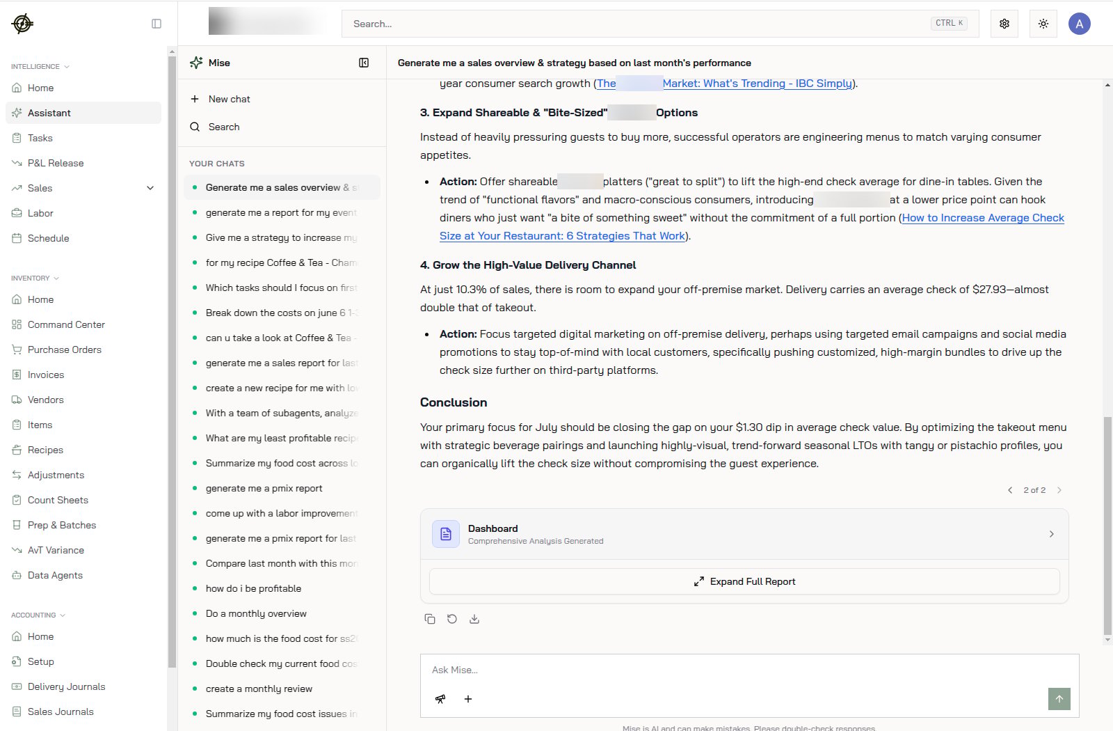 Mise answering "Generate me a sales overview & strategy": specific numbers, actions, and a full report to expand