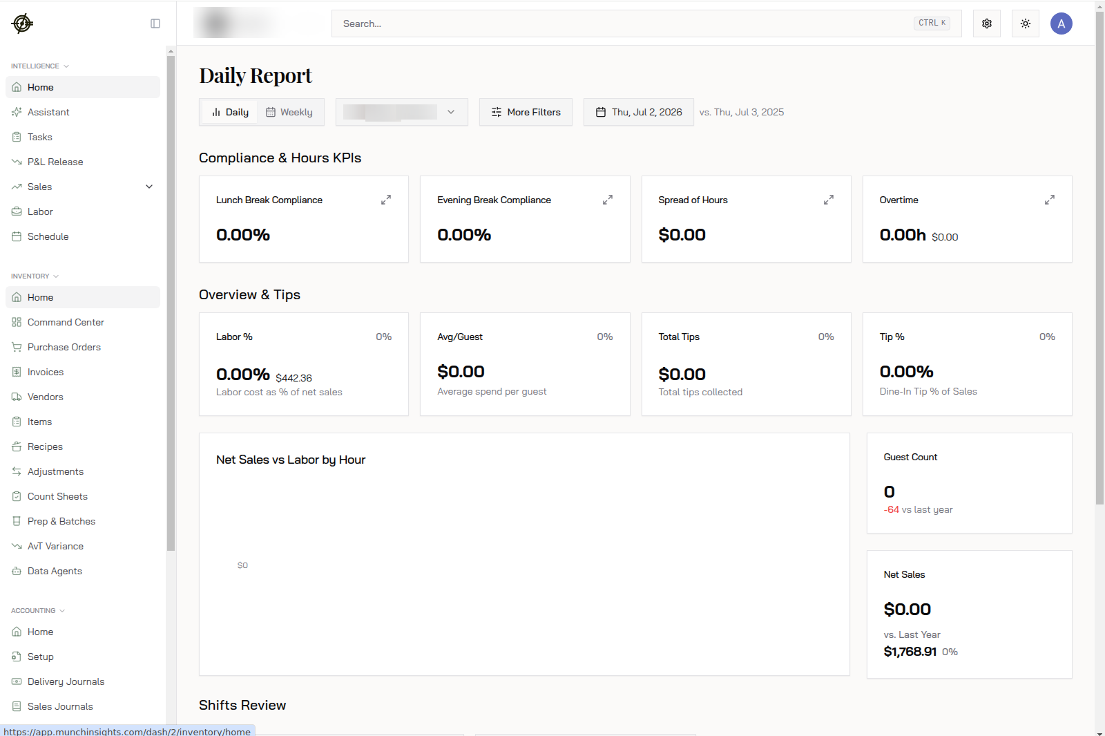 The dashboard: sidebar sections on the left, chain switcher and search up top