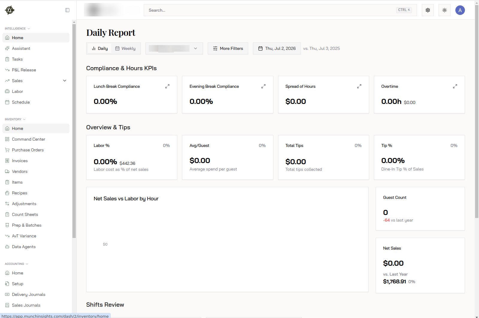 The dashboard: sidebar sections on the left, chain switcher and search up top