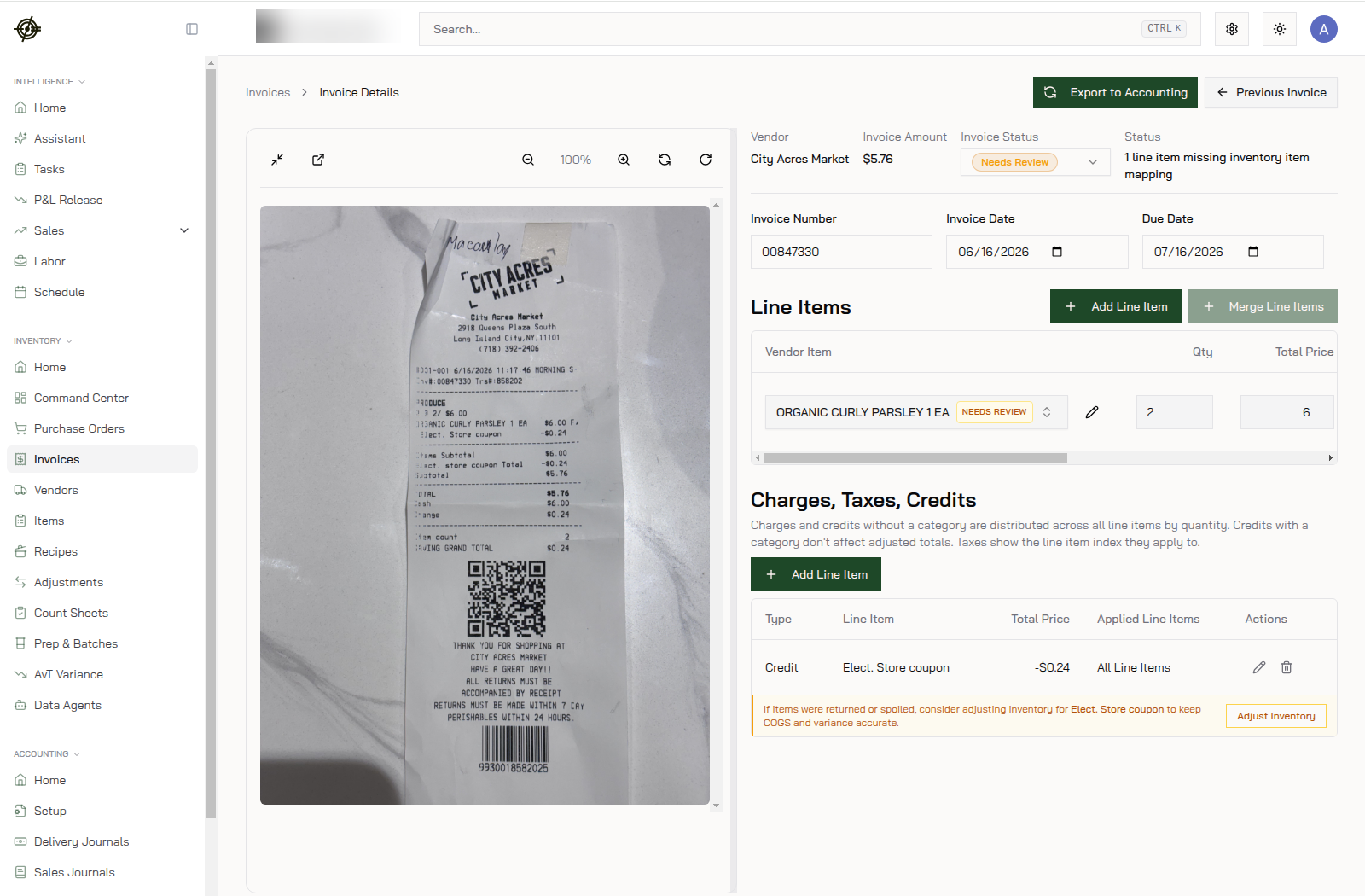 Invoice details: the scanned receipt next to parsed line items, charges, taxes, and credits
