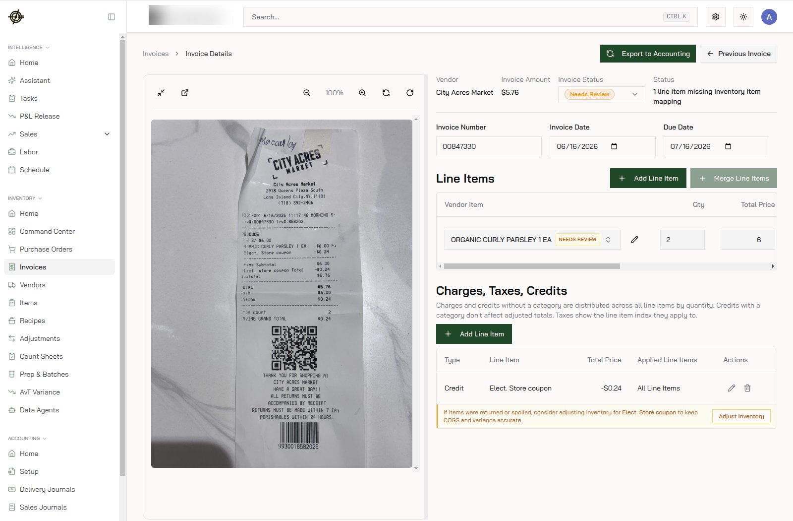 Invoice details: the scanned receipt next to parsed line items, charges, taxes, and credits