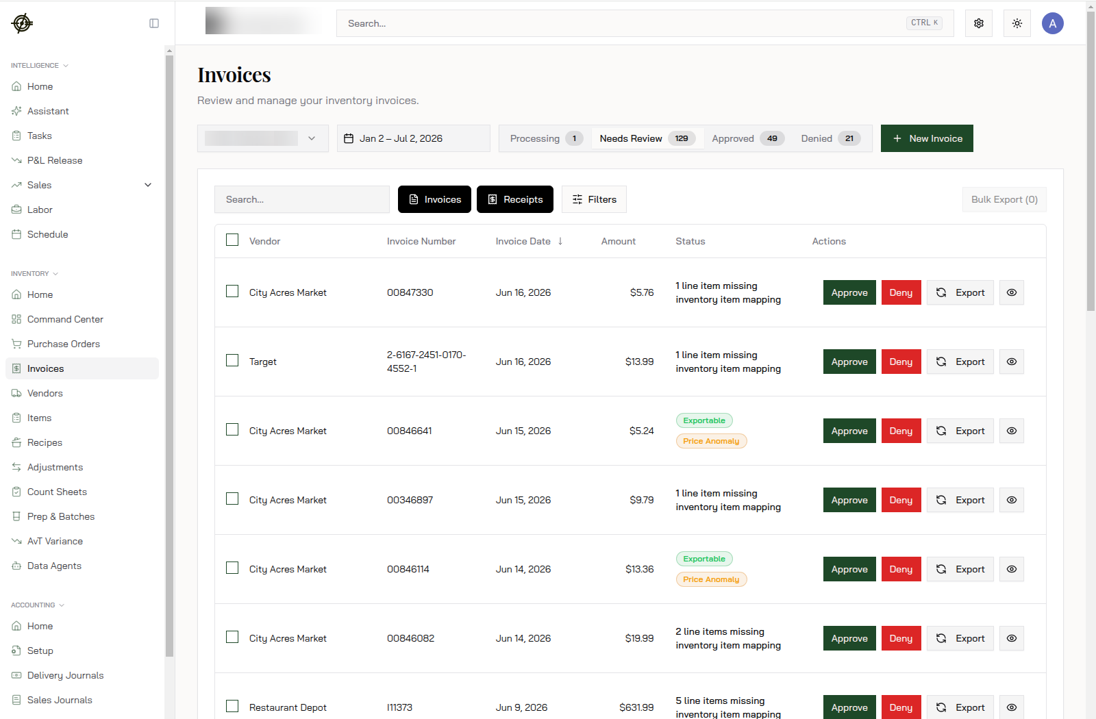 The invoice queue: statuses across the top, mapping issues and price anomalies flagged per row