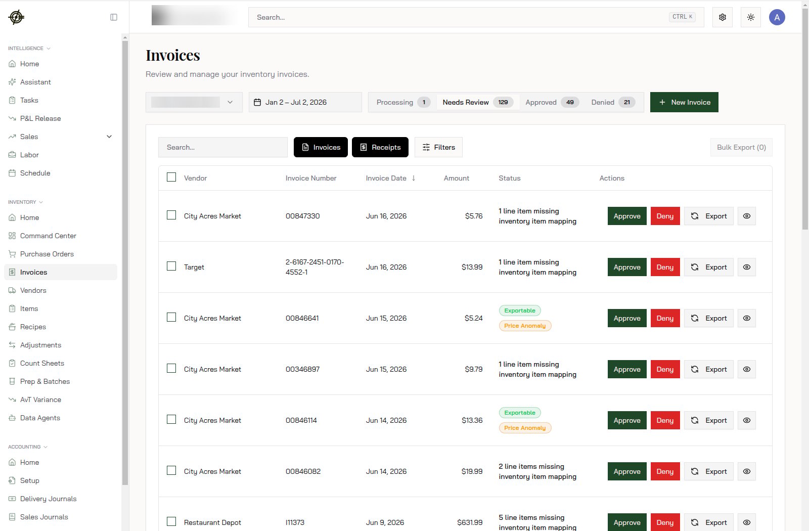 The invoice queue: statuses across the top, mapping issues and price anomalies flagged per row