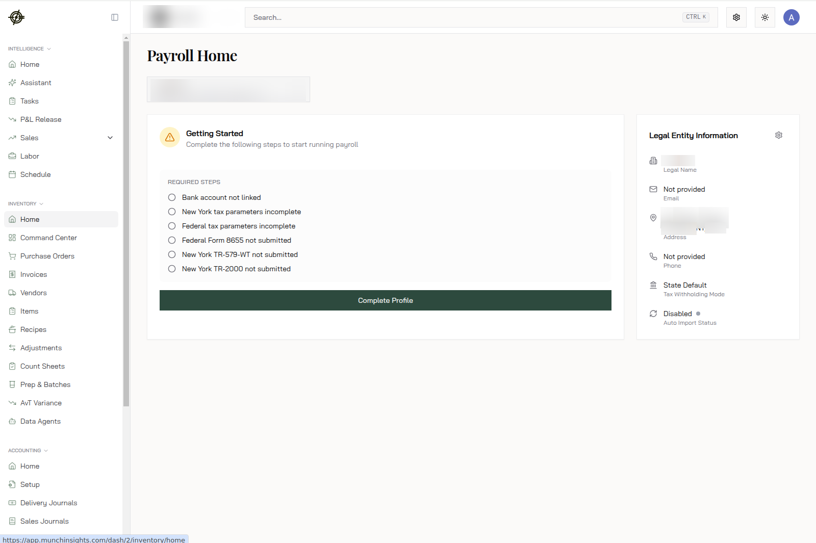 Payroll Home: the required setup checklist and the legal entity information panel